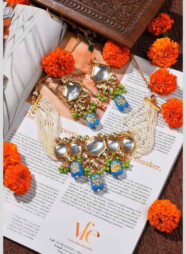 Gold Plated Kundan Beaded Necklace and Earring Set
