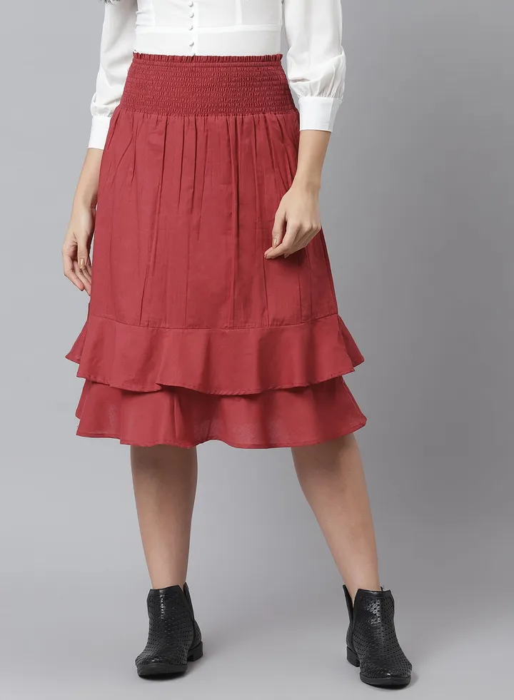 Casual Knee Length Skirt Maroon