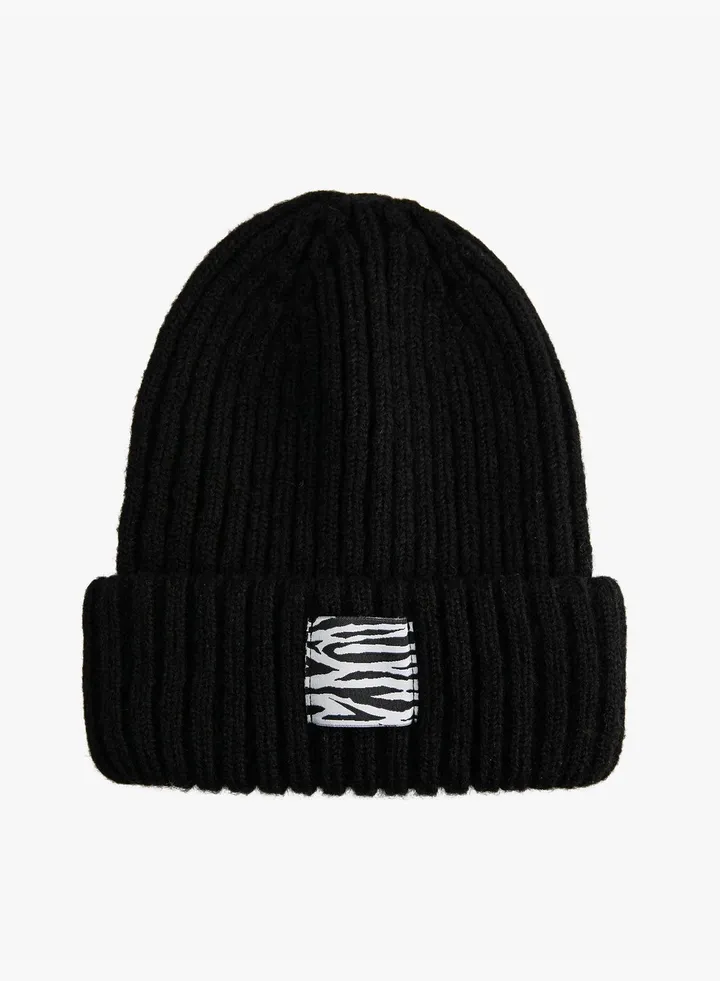 Rib-Knit Beanie Animal Printed Detail