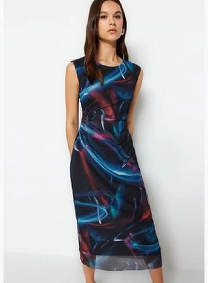 Midi Lined Tulle Stretch Knit Dress with Shirring and Multi-coloured Prints TWOSS23EL00808