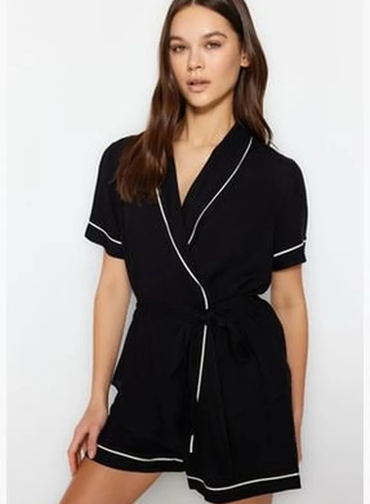 Black Lace and Piping Detailed Shirt-Shorts Woven Pajamas Set.