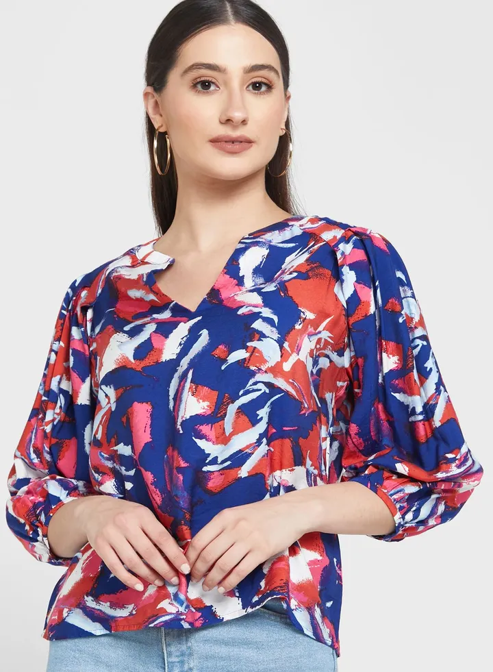 Balloon Sleeve Notch Neck Top