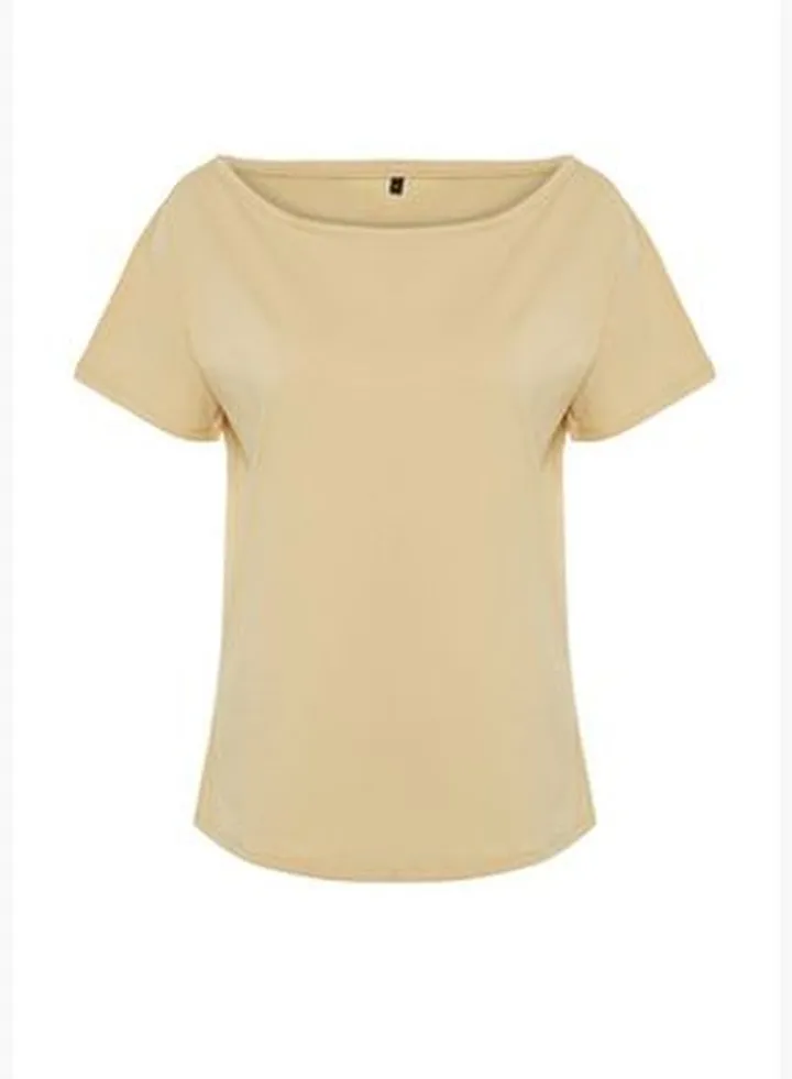Dark Beige 100% Cotton Boyfriend Boat Neck Knitted T-Shirt TWOSS20TS0140