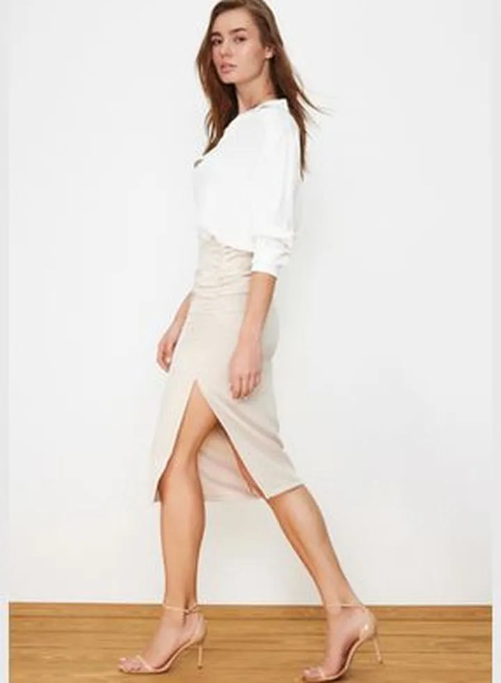 Beige Gathered Slit Detail Midi Woven Skirt TWOSS20ET0045