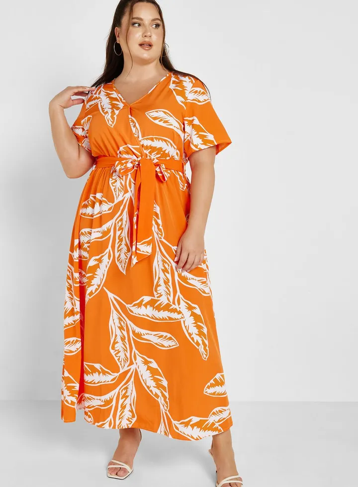 Tie Waist Puff Sleeve Printed Dress