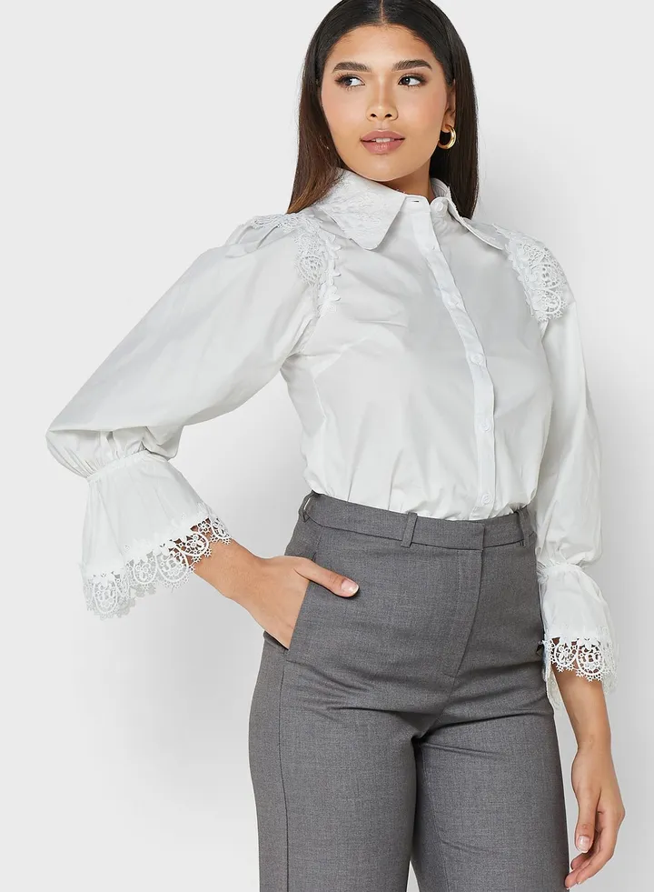 Puff Sleeve Crochet Detail Shirt