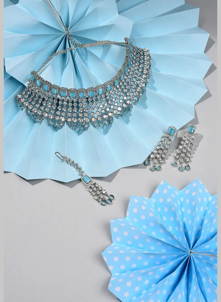 Silver Plated Designer Stone Necklace, Earrings and Maang Tikka Set