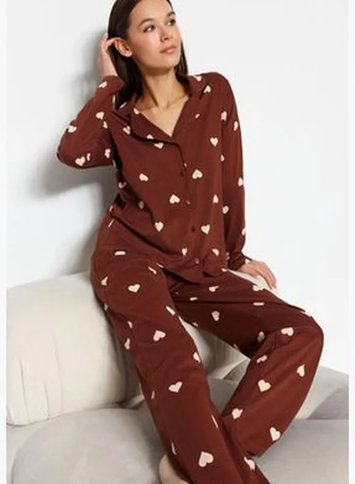 Brown Heart Single Jersey Knitted Pajamas Set