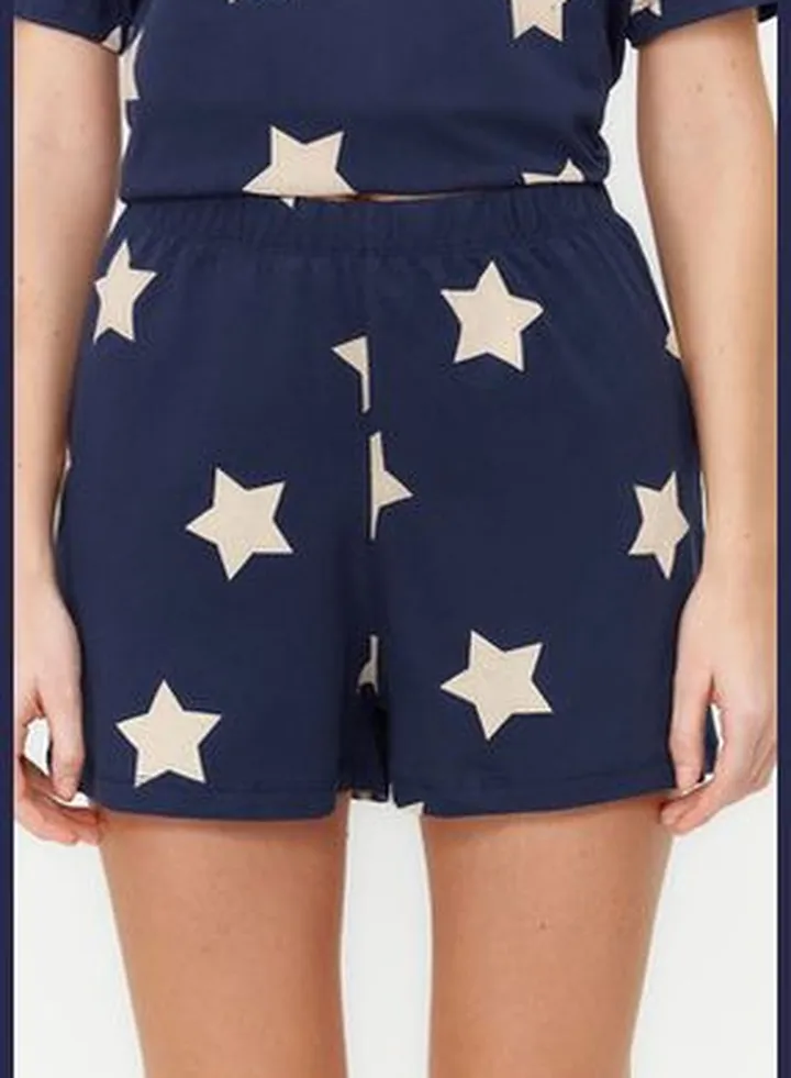 Navy Blue Star Printed Cotton T-shirt-Shorts Knitted Pajamas Set THMSS22PT0501