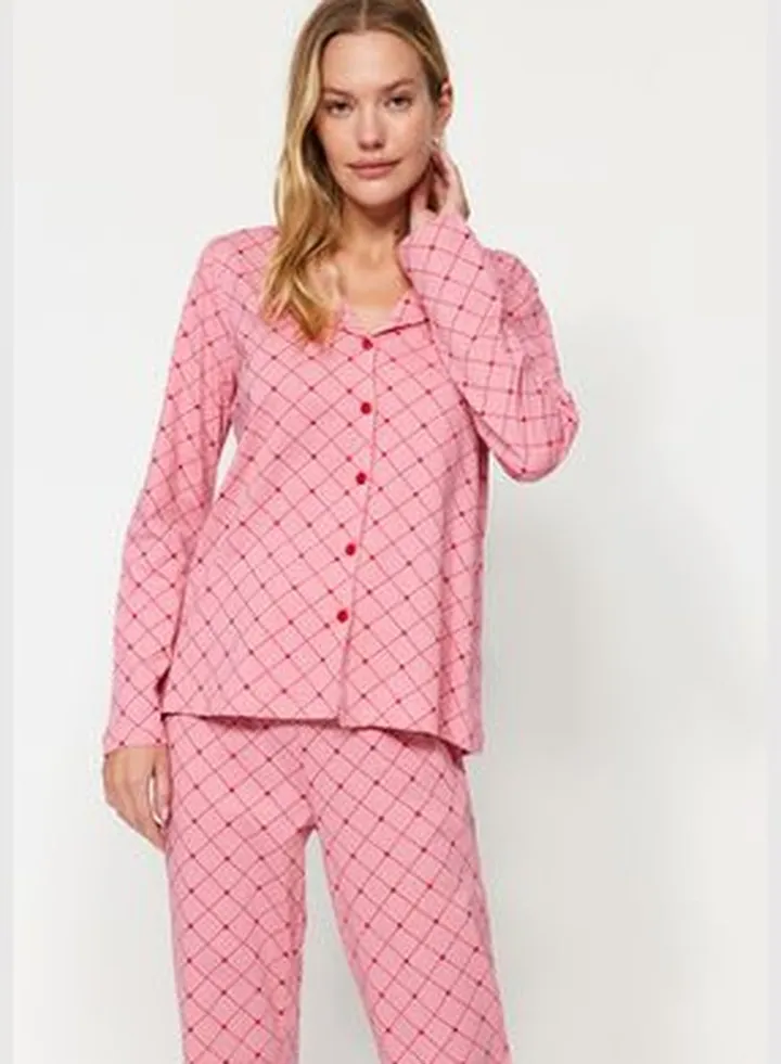 Pink 100% Cotton Check Shirt-Pants and Knitted Pajamas Set THMAW24PT00245.