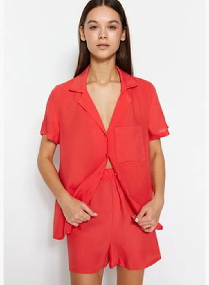 Pomegranate Blossom Shirt-Shorts Woven Pajama Set