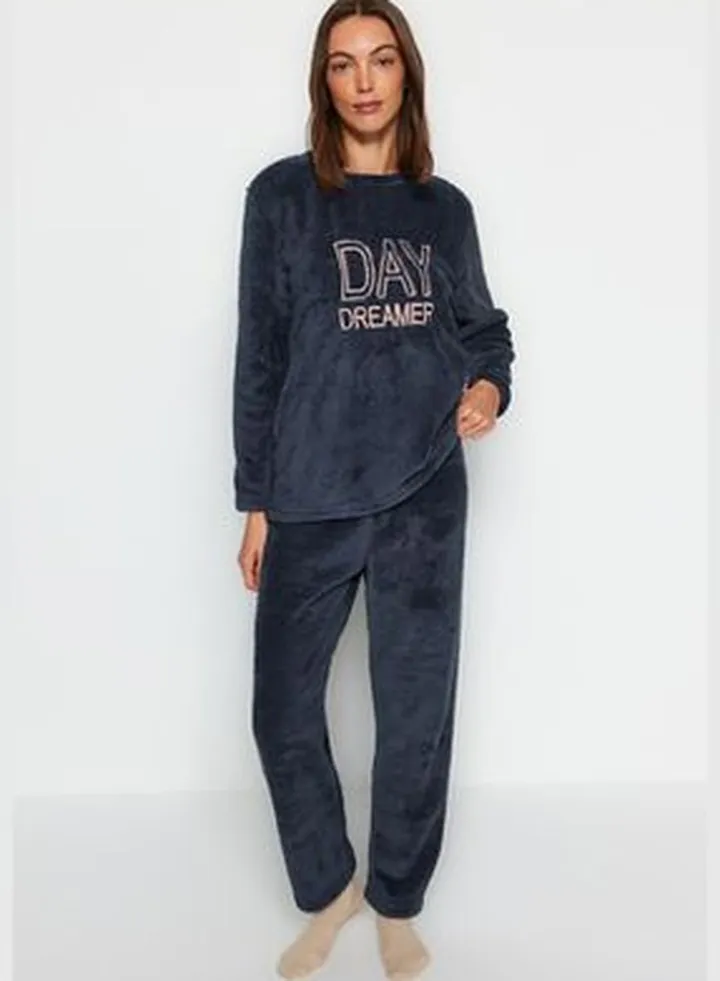Navy Blue Motto Embroidered Wellsoft Tshirt-Pants