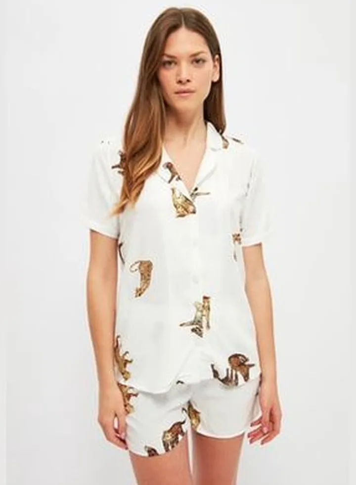 White Animal Viscose Woven Shirt-Shorts Pajamas Set