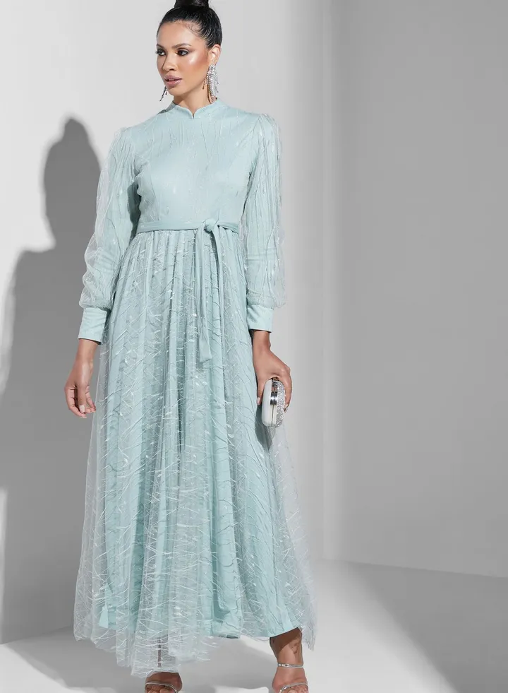 Balloon Sleeve Tulle Detail Dress