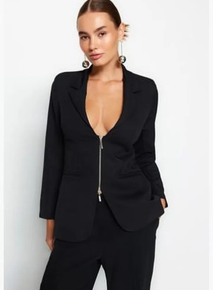 Black Zipper Detail Fitted Lined Blazer Jacket TWOAW24BC00013