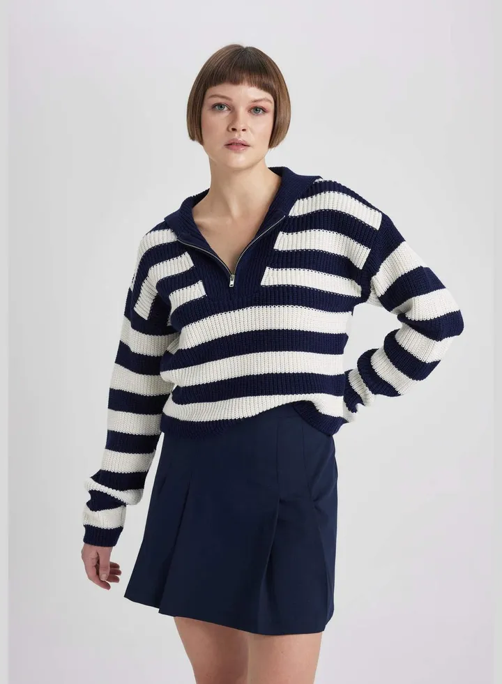 Woman Tricot Pullover Polo Neck Long Sleeve