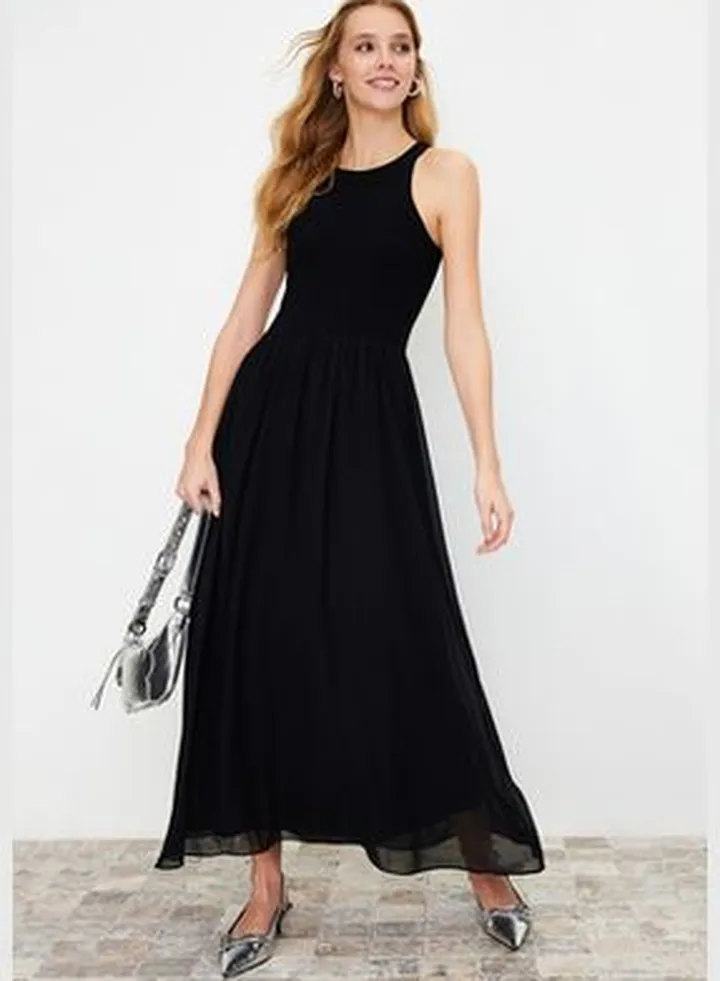 Black Midi Length Knitted Woven Mixed Dress