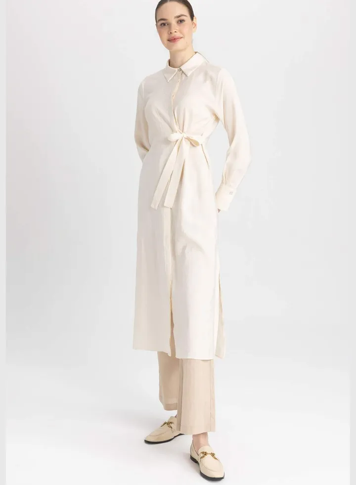 Woman Shirt Neck Woven Long Sleeve Tunic