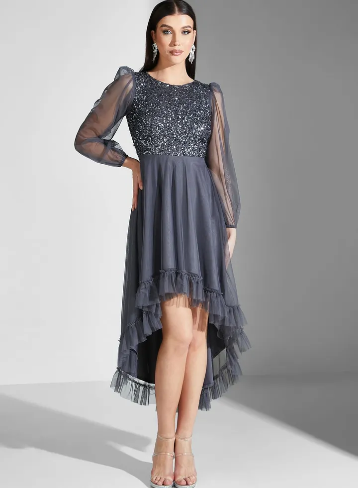 Sequin Plisse Puff Sleeve Dress