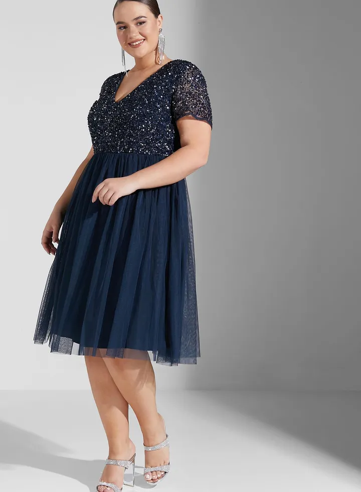 Tulle Sequin Detail Pleated Dress