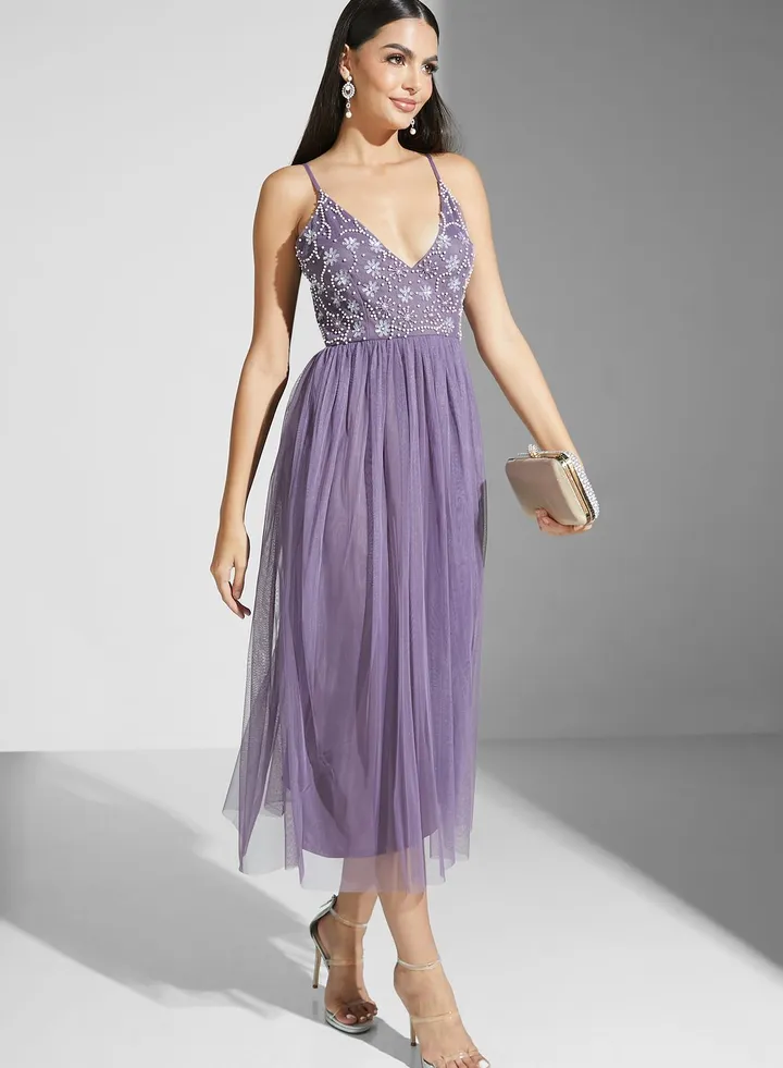 Shouq Strappy Embellished Fit And Flare Dress