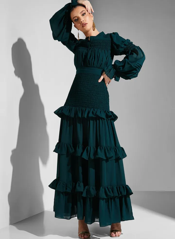 Balloon Sleeve Tiered Dress