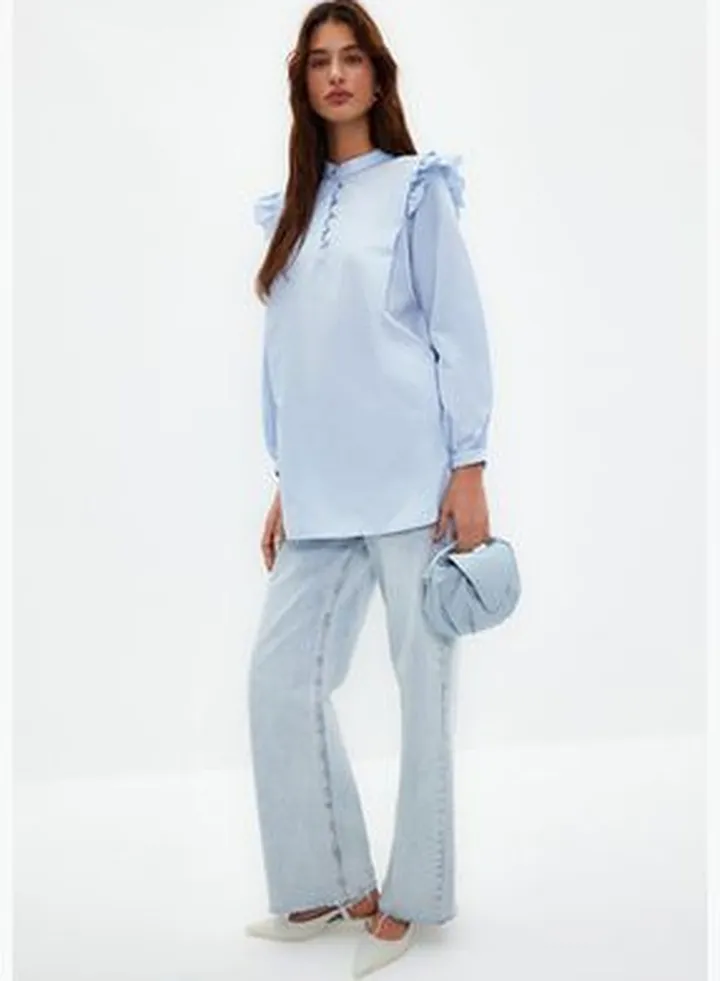 Light Blue Ruffle Detail Cotton Blended Woven Shirt