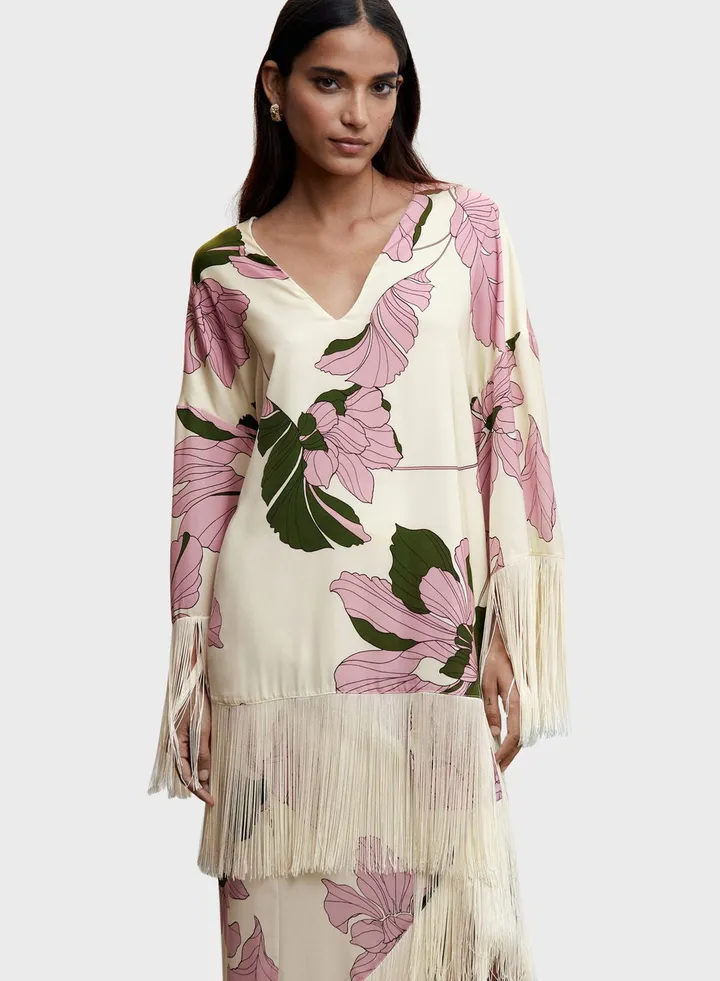 V-Neck Fringe Hem Floral Top