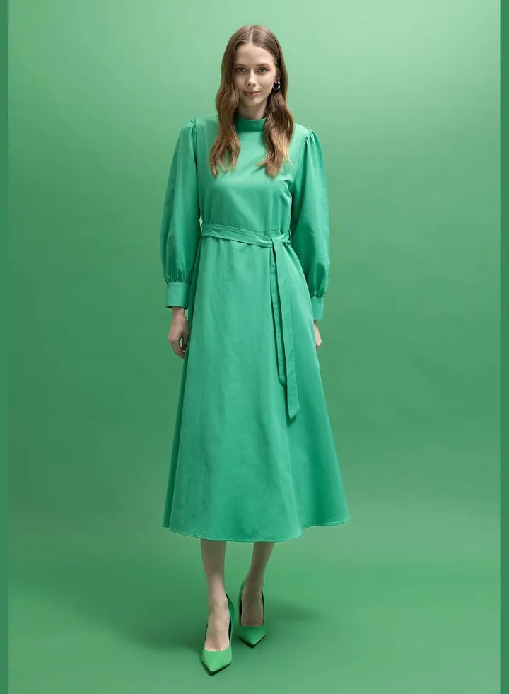 Woman A Line Mock Neck Long Sleeve Woven Dress