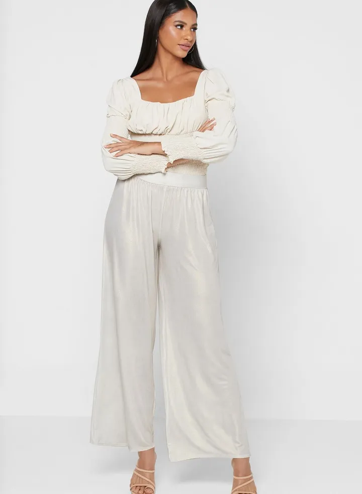 White Glitter Foil Wide Leg Trousers