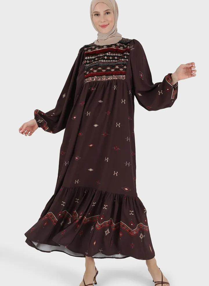 Balloon Sleeve Printed Tiered Dress