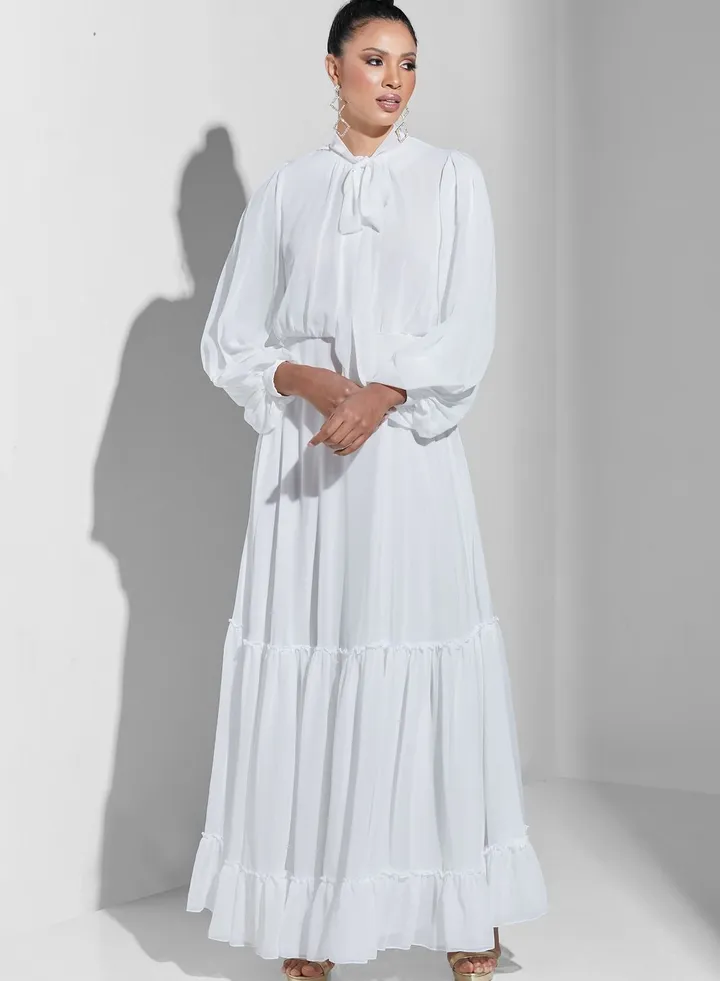 Tie Neck Balloon Sleeve Tiered Dress