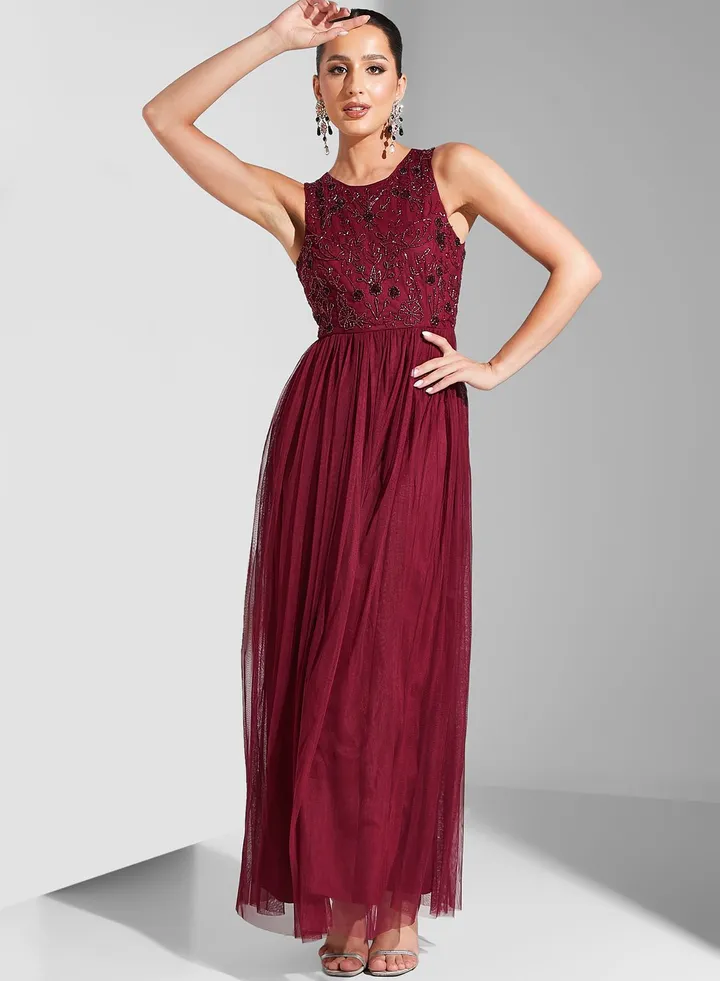 Hadia Ghaleb Sleeveless Embellished Bodice Dress