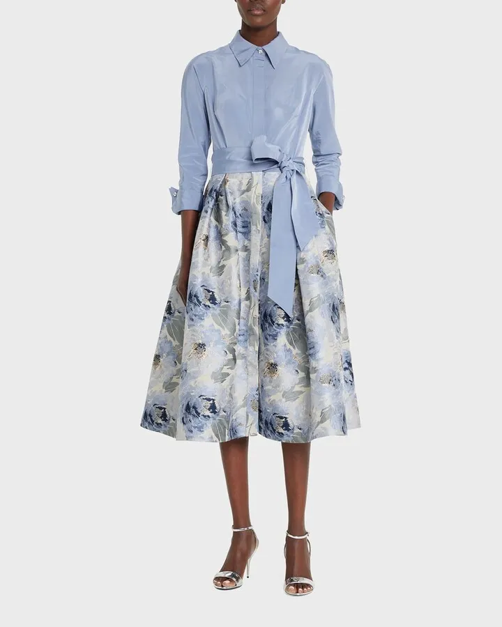 Pleated Floral Jacquard Midi Shirtdress