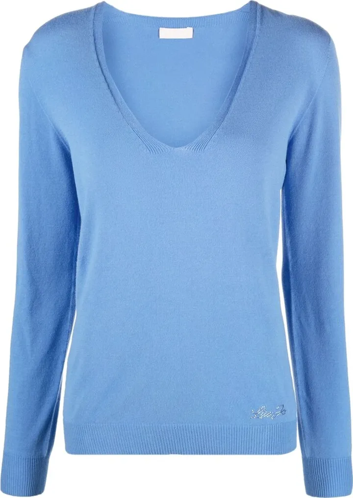 rhinestone-logo V-neck jumper