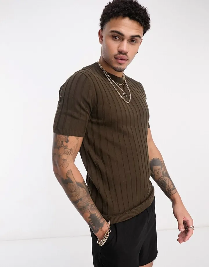 ASOS DESIGN muscle lightweight knit ribbed T-shirt in brown