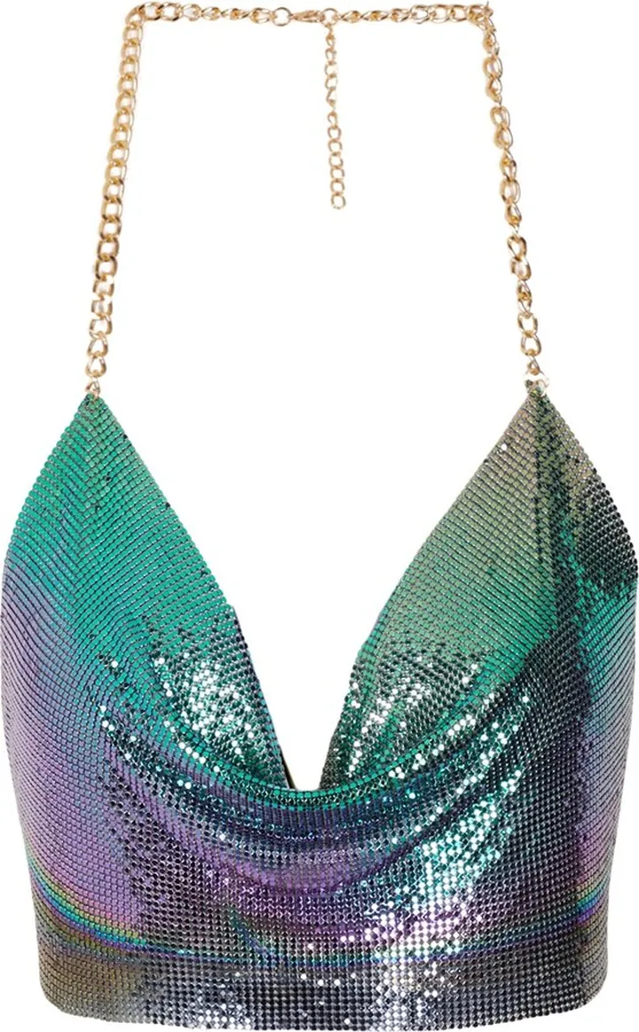 Metal Halter Chain Crop Top Top Green