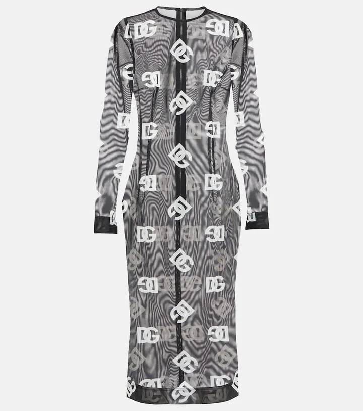 Printed sheer logo midi dress