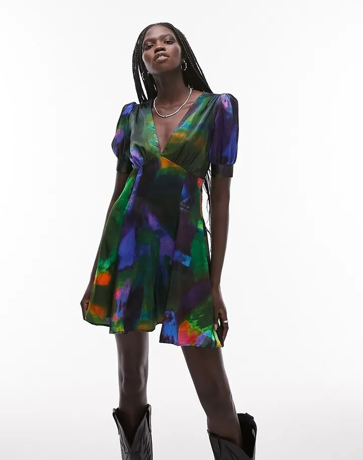 Topshop satin mini tea dress in abstract print