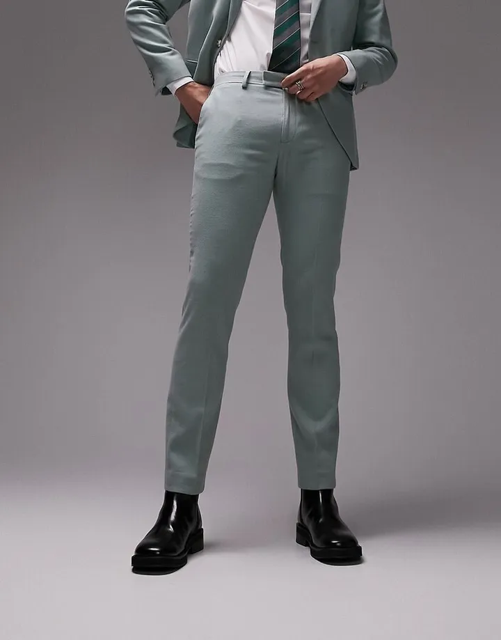 Topman skinny stacker wedding suit pants in sage