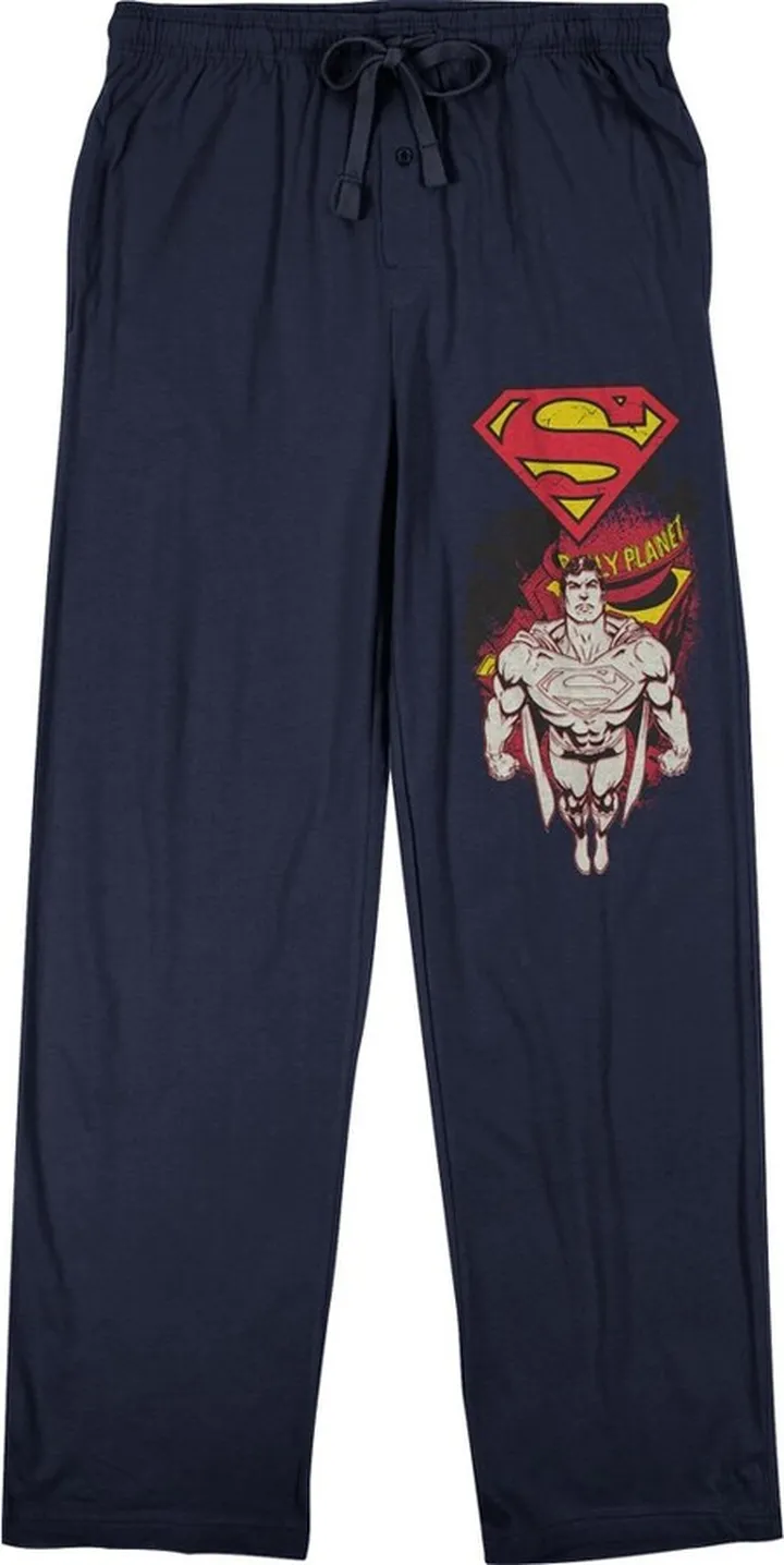 DC Comic Book Men's Classic Superman & Logo Navy Blue Sleep Pajama Pants-Medium