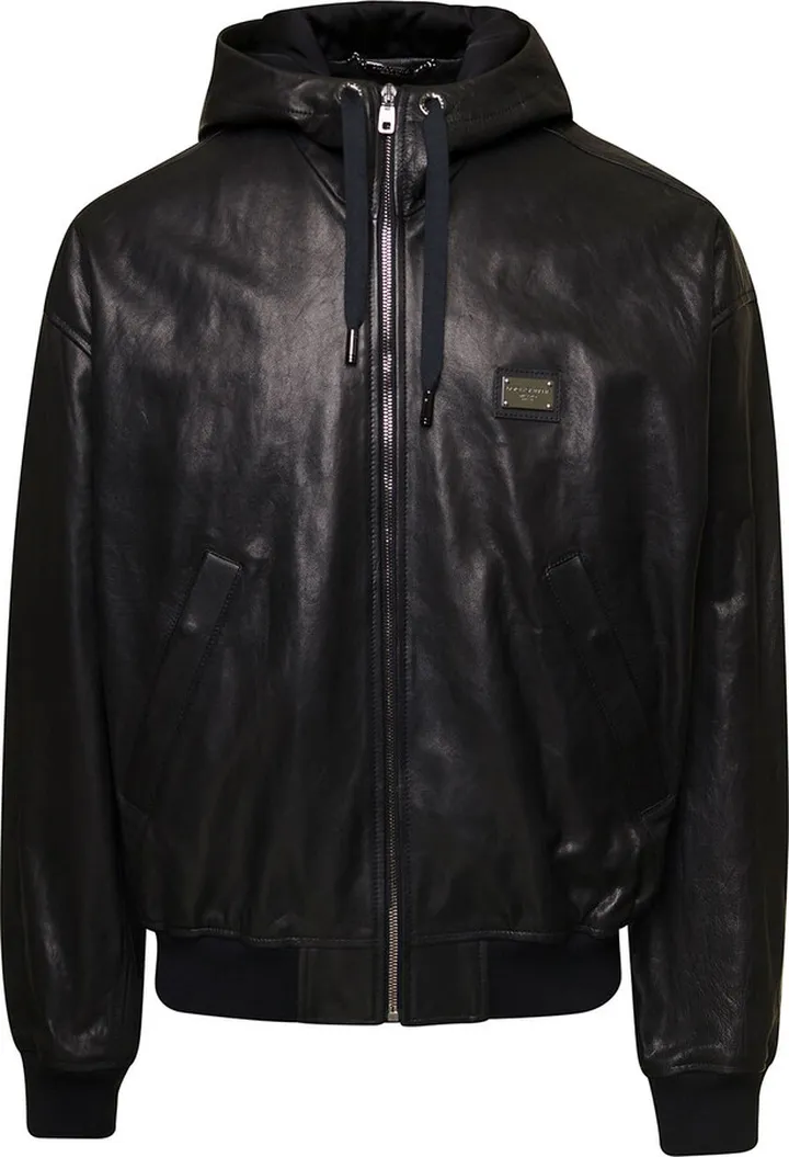 Black Hooded Bomber Jacket With Metal Logo Tag In Leather Man