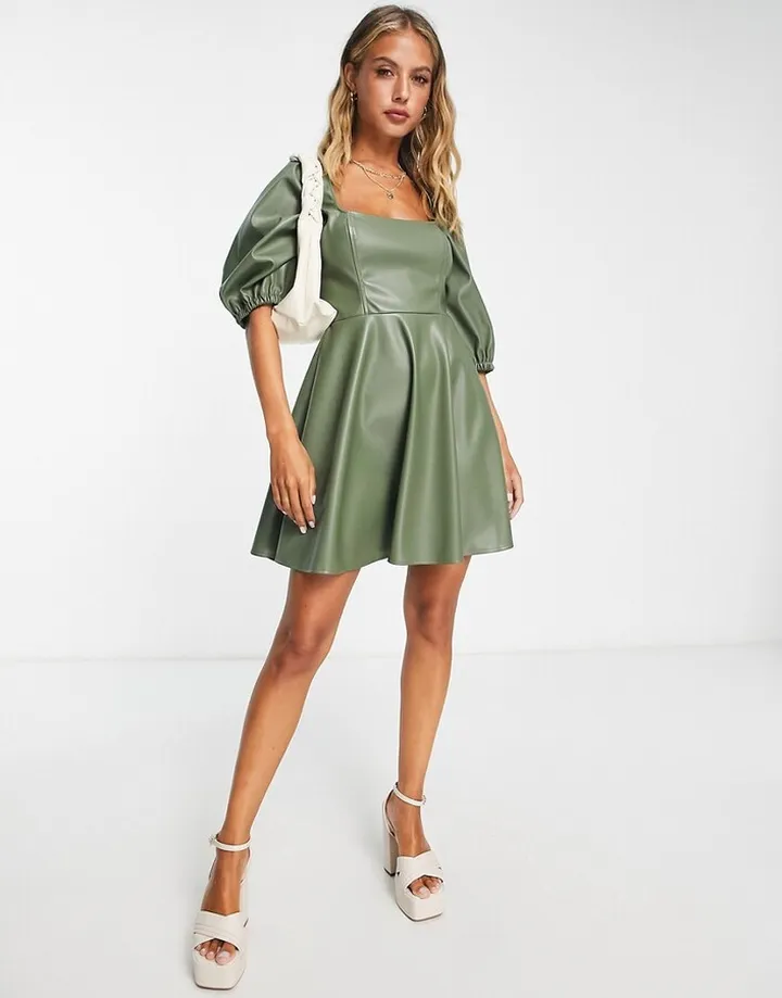 ASOS DESIGN leather look babydoll mini skater dress in olive