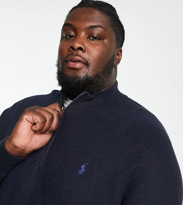 Polo Ralph Lauren Big & Tall icon logo heavyweight cotton knit half zip sweater in navy heather