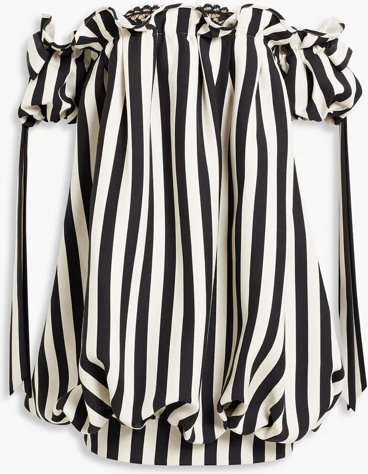 Off-the-shoulder striped wool and silk-blend crepe mini dress
