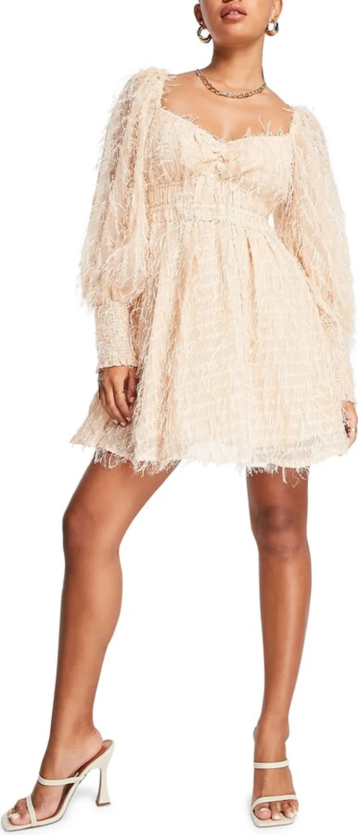 Fluffy Shirred Long Sleeve Minidress