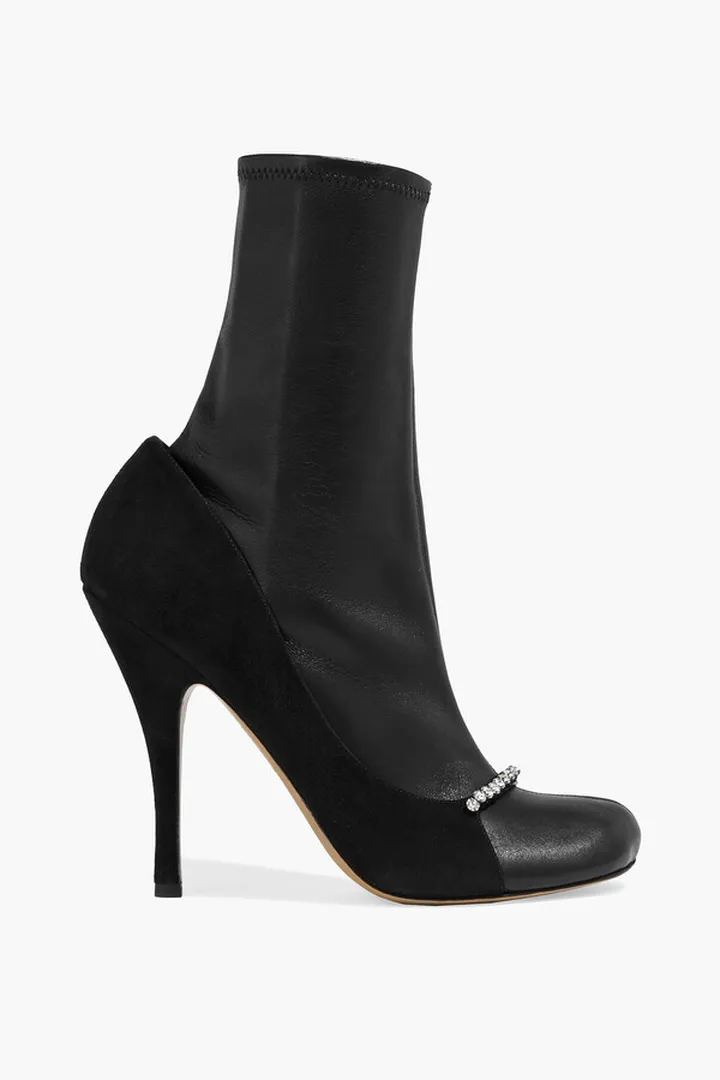 Crystal-embellished suede-paneled stretch leather ankle boots