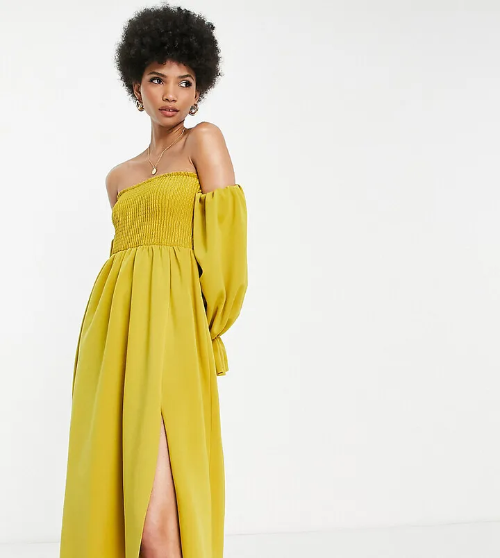 ASOS DESIGN Tall shirred bardot blouson sleeve prom midi dress in chartreuse