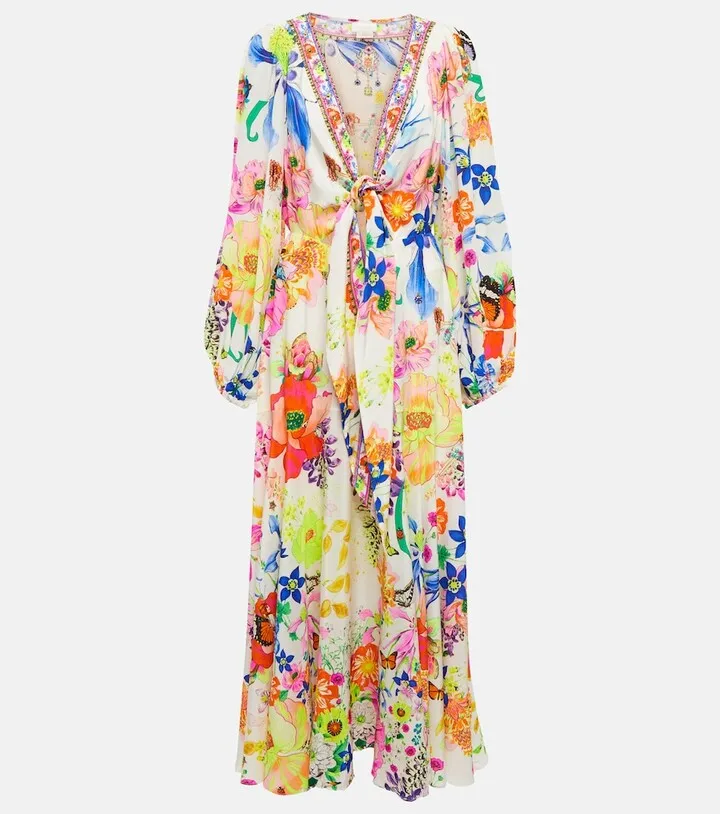 Embellished printed silk wrap dress