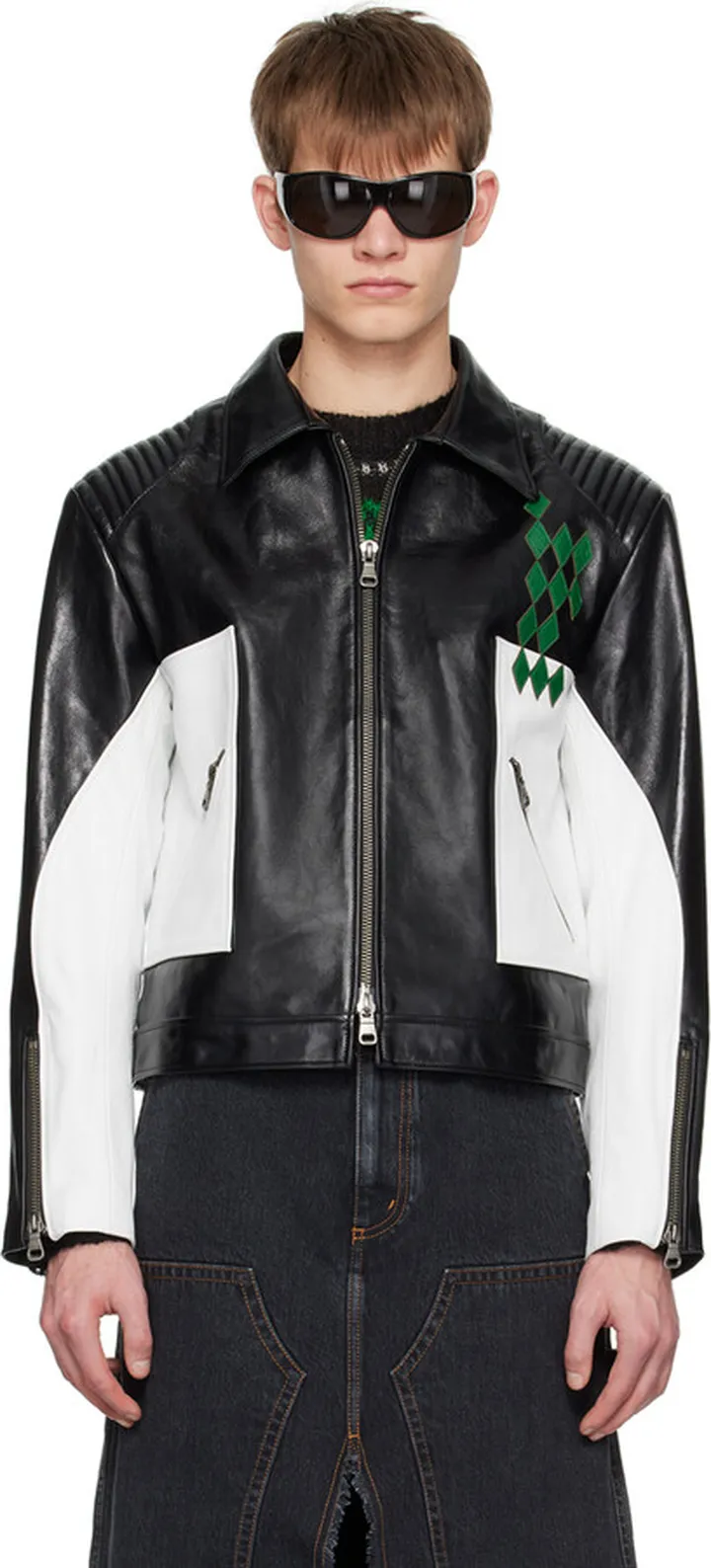 Andersson Bell Black & White Paneled Leather Biker Jacket
